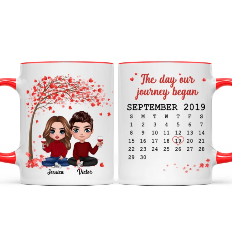Doll Couple Sitting Under Red Tree Calendar Anniversary Date Gift For Him For Her Personalized Mug - Image 8