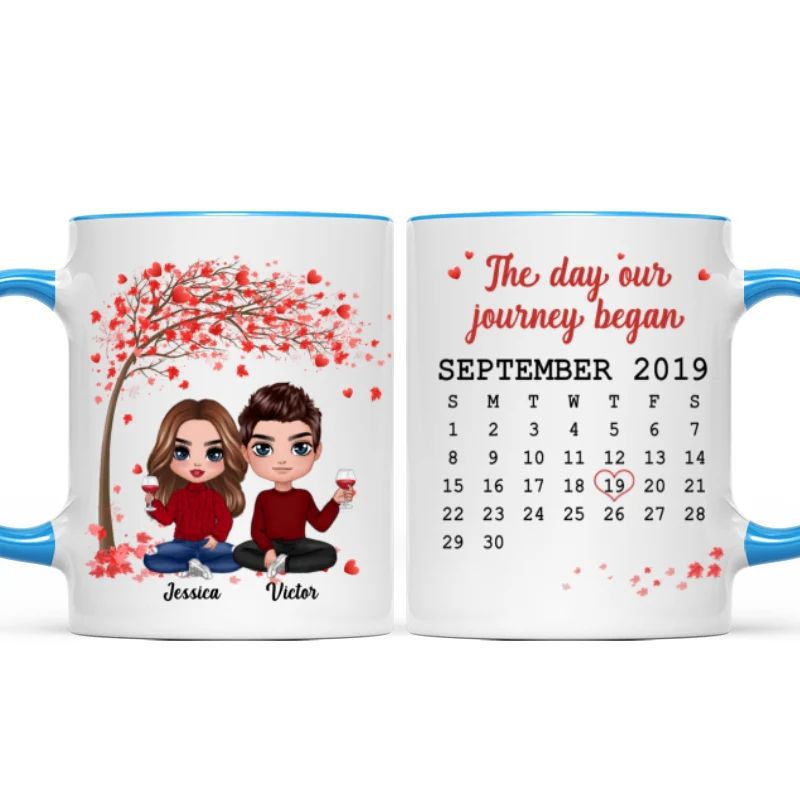 Doll Couple Sitting Under Red Tree Calendar Anniversary Date Gift For Him For Her Personalized Mug - Image 9