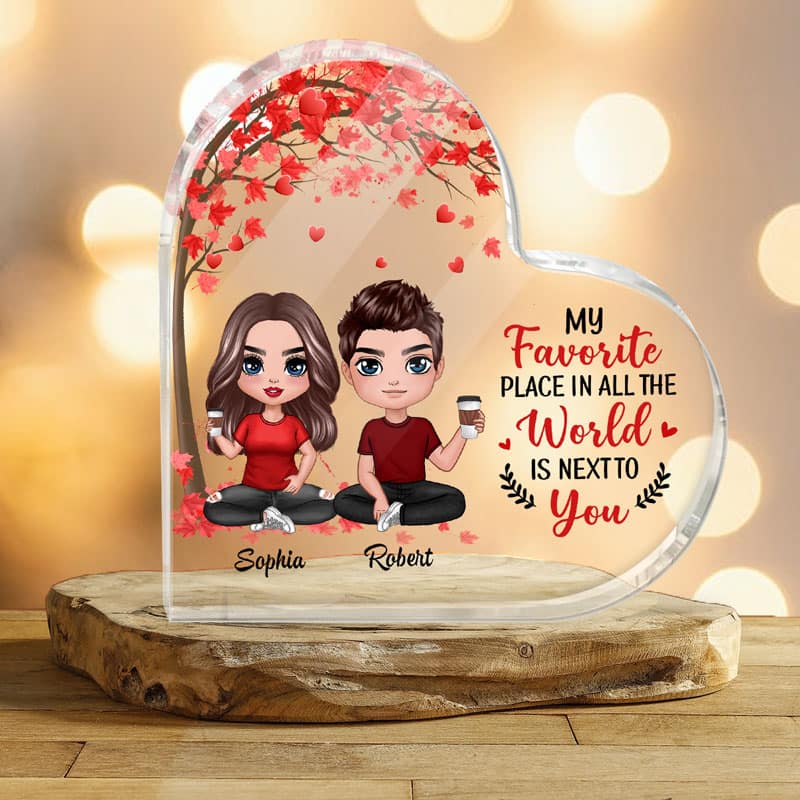 Doll Couple Sitting Under Red Tree Gift For Him For Her Personalized Heart Plaque - Image 2