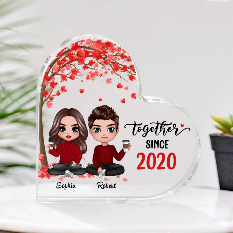 Doll Couple Sitting Under Red Tree Gift For Him For Her Personalized Heart Plaque - Image 3