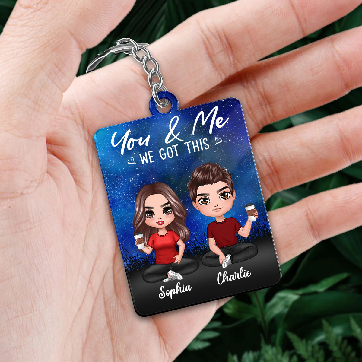 Doll Couple Sitting Under Starry Night Favorite Song QR Code Personalized Acrylic Keychain - Image 3