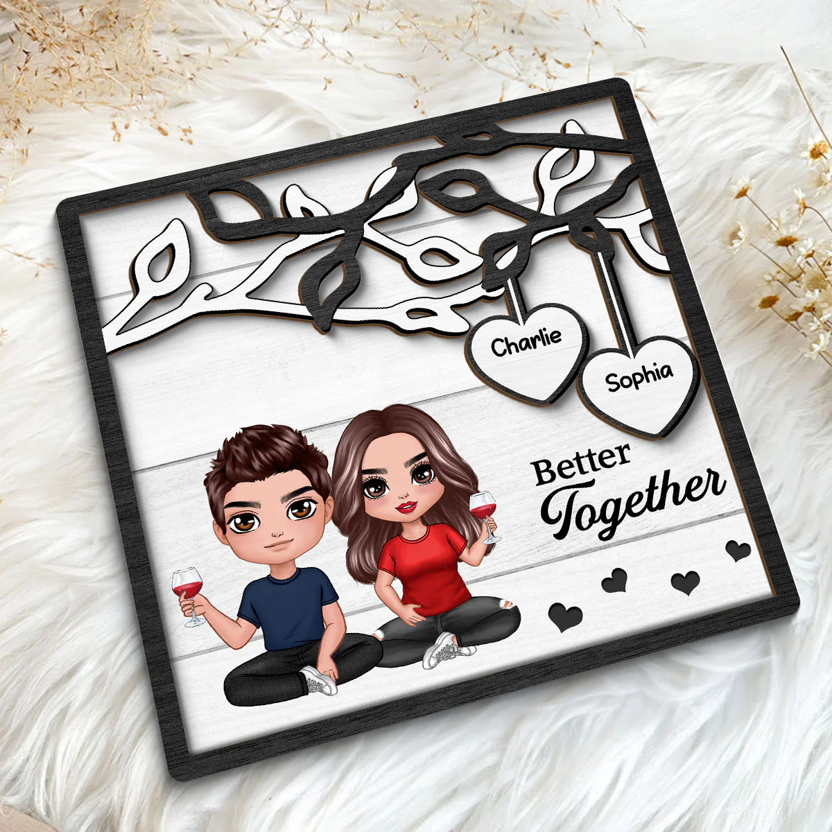 Doll Couple Sitting Under Tree Personalized 2-Layer Wooden Plaque - Image 8