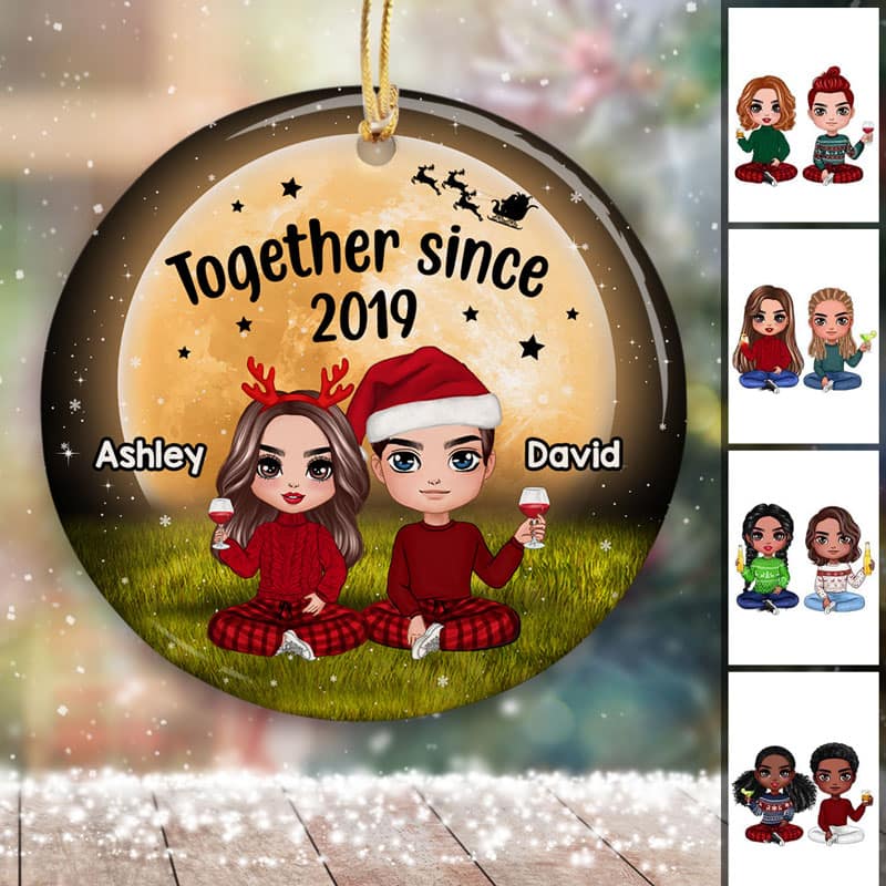 Doll Couple Sitting Under Yellow Moon Personalized Circle Ornament - Image 2