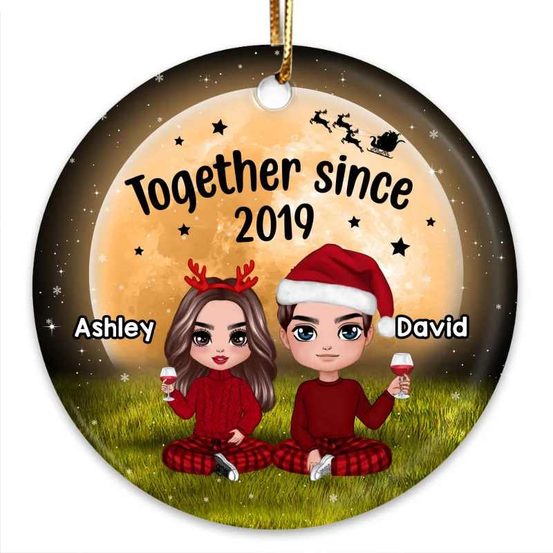 Doll Couple Sitting Under Yellow Moon Personalized Circle Ornament - Image 3
