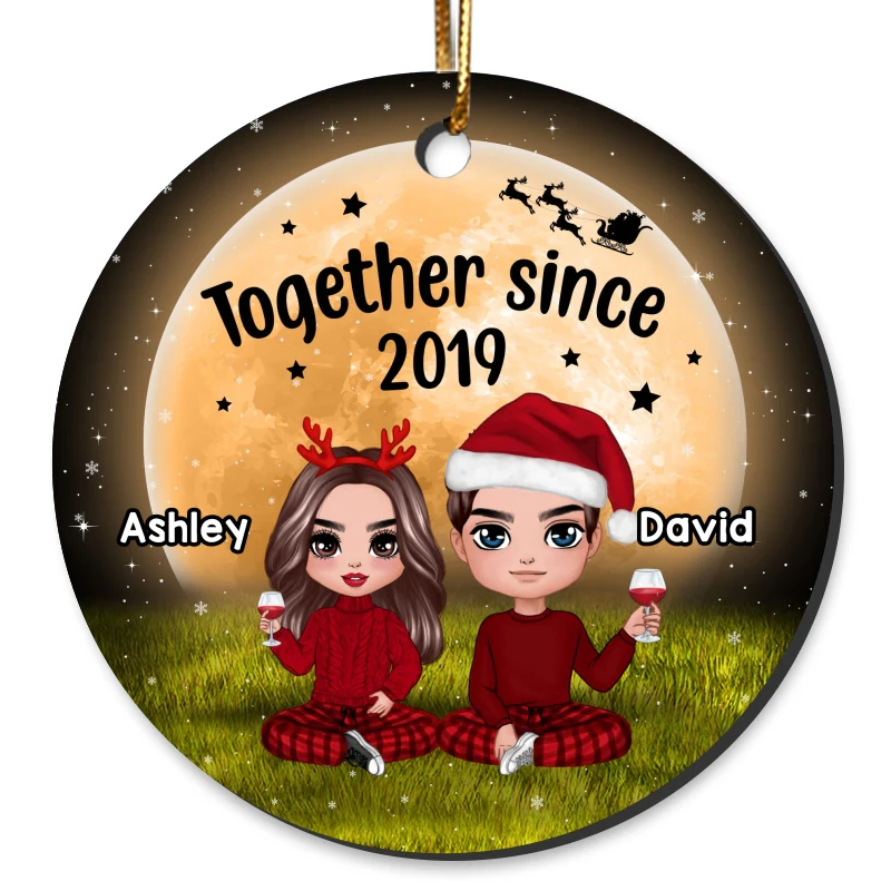 Doll Couple Sitting Under Yellow Moon Personalized Circle Ornament - Image 4