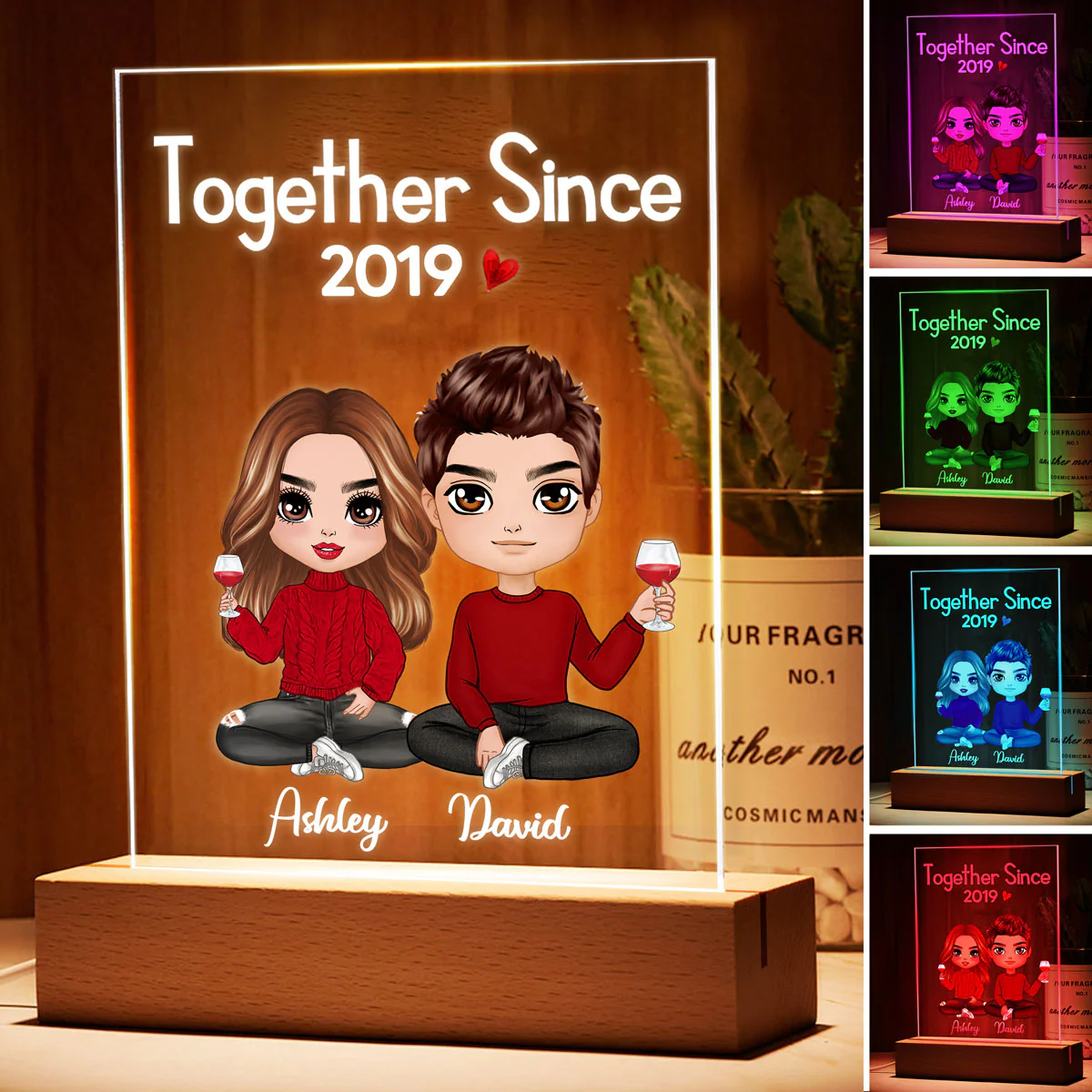 Doll Couple Sitting Valentine‘s Anniversary Gift For Him Gift For Her Acrylic Plaque LED Night Light - Image 3