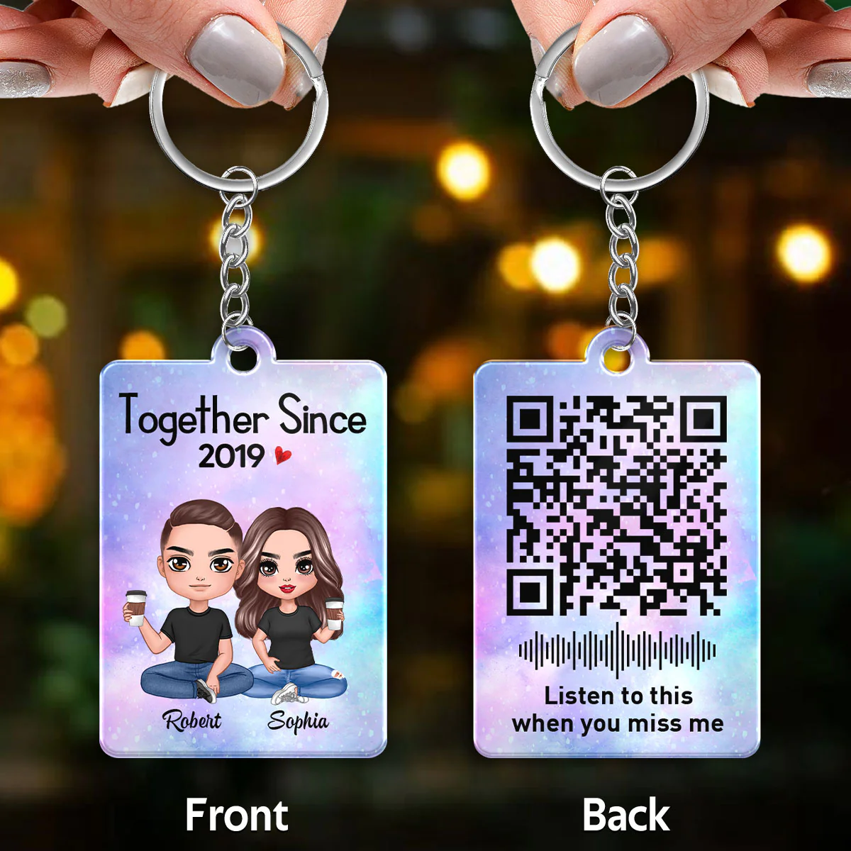 Doll Couple Sitting Voice Message QR Code Personalized Acrylic Keychain - Image 3