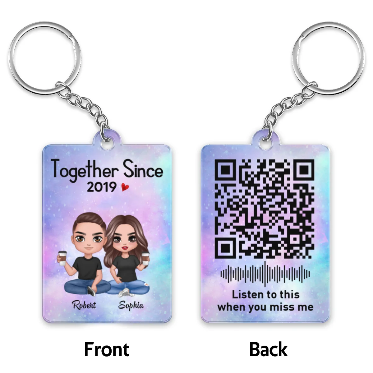 Doll Couple Sitting Voice Message QR Code Personalized Acrylic Keychain - Image 4