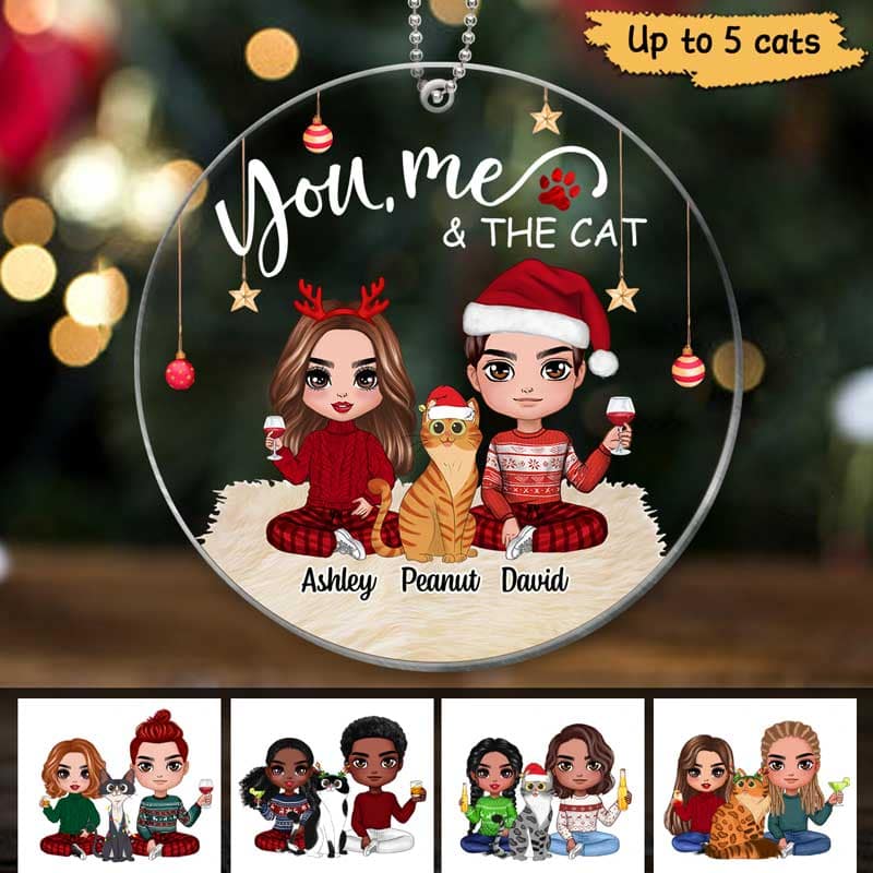 Doll Couple Sitting With Cats Christmas Personalized Acrylic Ornament - Image 3