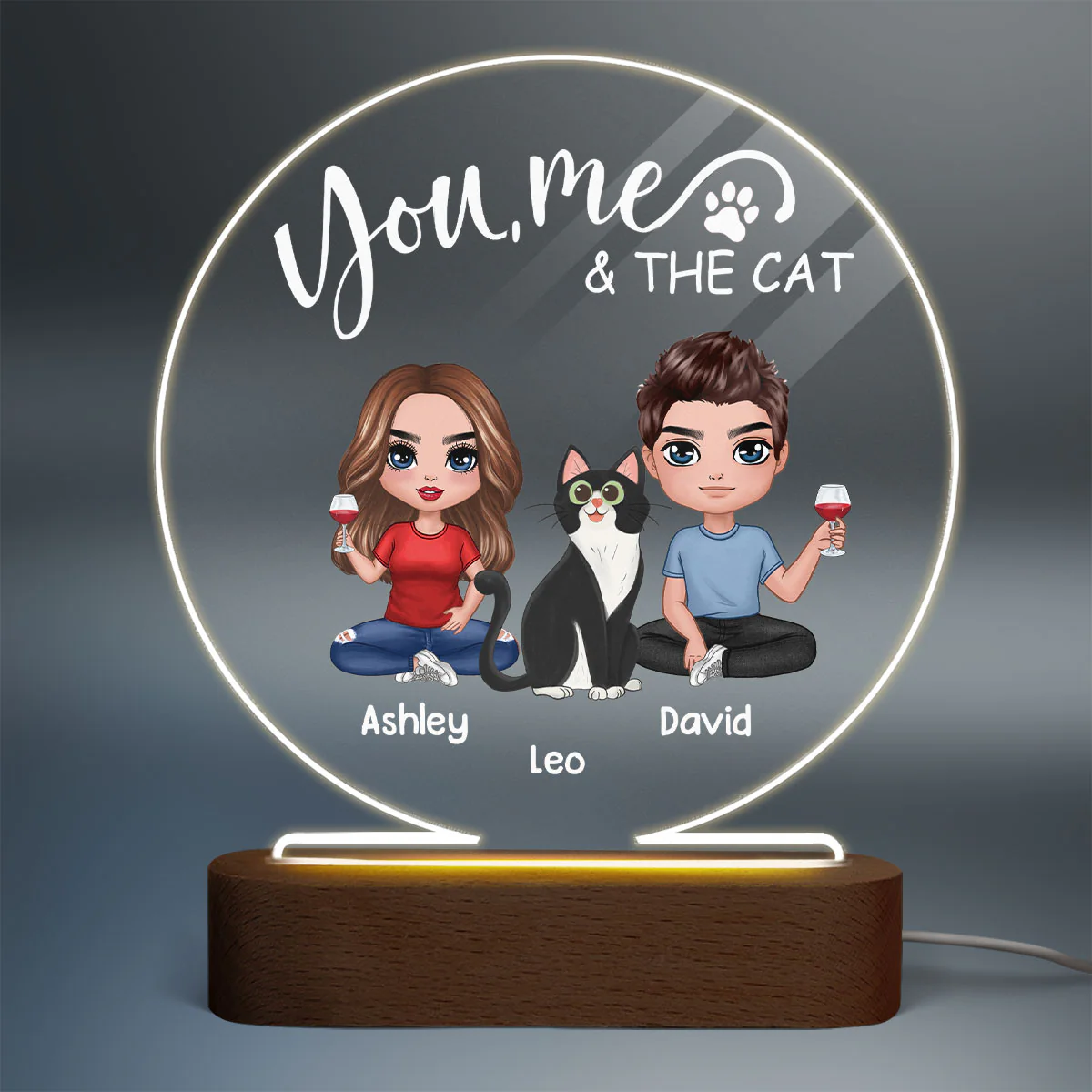 Doll Couple Sitting With Cats You Me And The Cats Personalized Circle Acrylic Plaque LED Lamp Night Light - Image 2