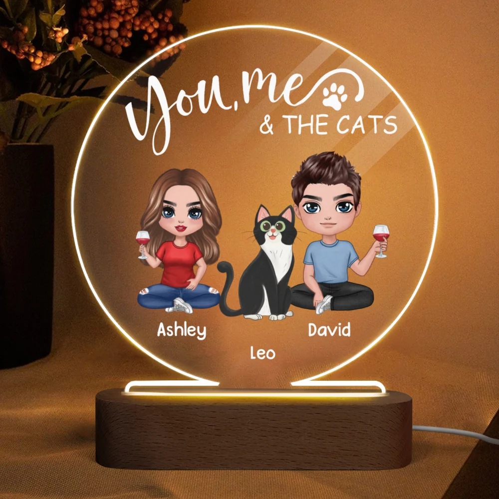 Doll Couple Sitting With Cats You Me And The Cats Personalized Circle Acrylic Plaque LED Lamp Night Light - Image 4