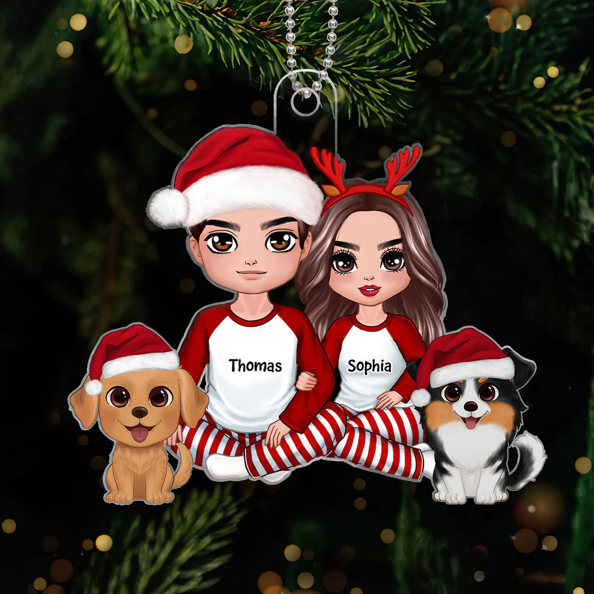 Doll Couple Sitting With Dog Christmas Personalized Acrylic Ornament