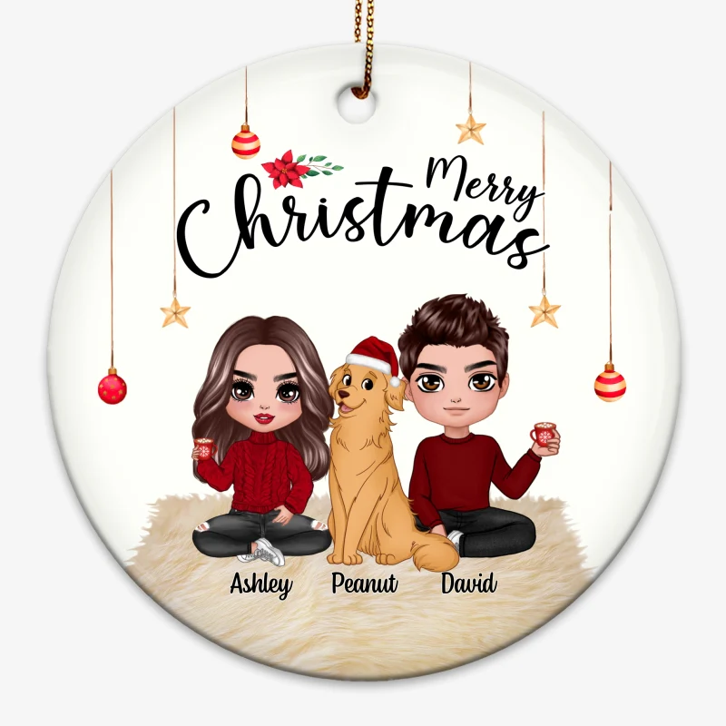 Doll Couple Sitting With Dogs Christmas Personalized Circle Ornament - Image 3
