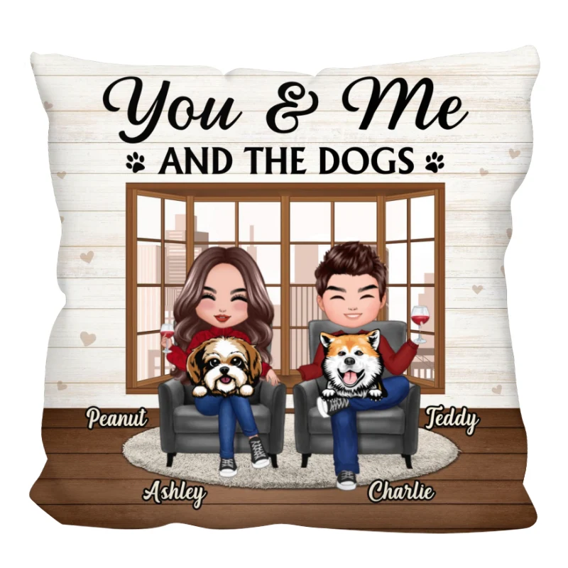 Doll Couple Sitting With Dogs In House Personalized Pillow (Insert Included) - Image 3