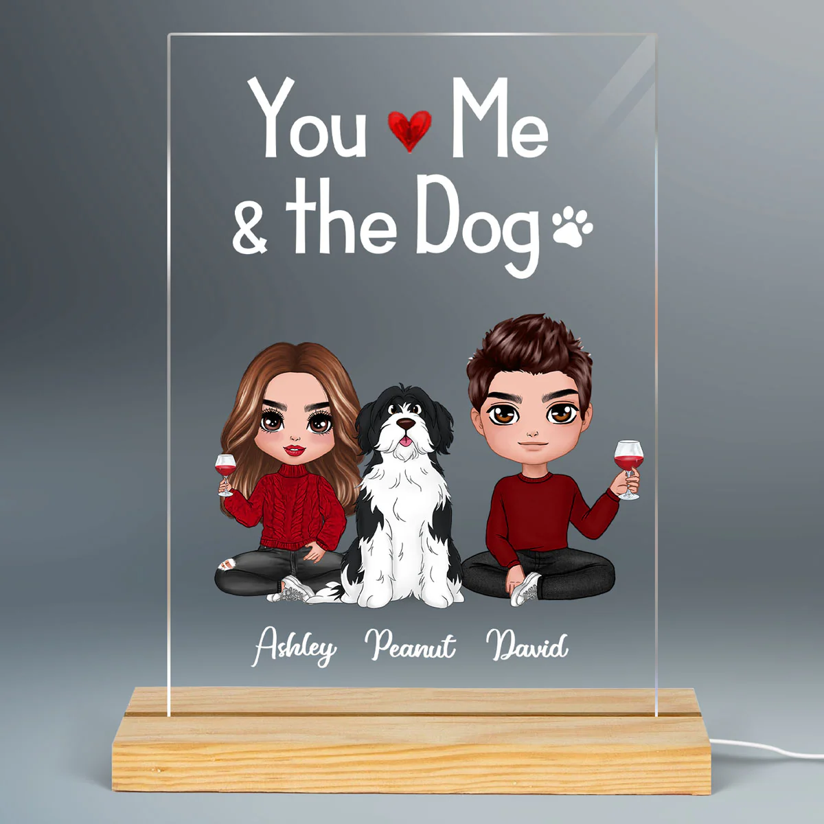 Doll Couple Sitting With Dogs You Me And The Dogs Personalized Rectangle Acrylic Plaque LED Lamp Night Light - Image 2
