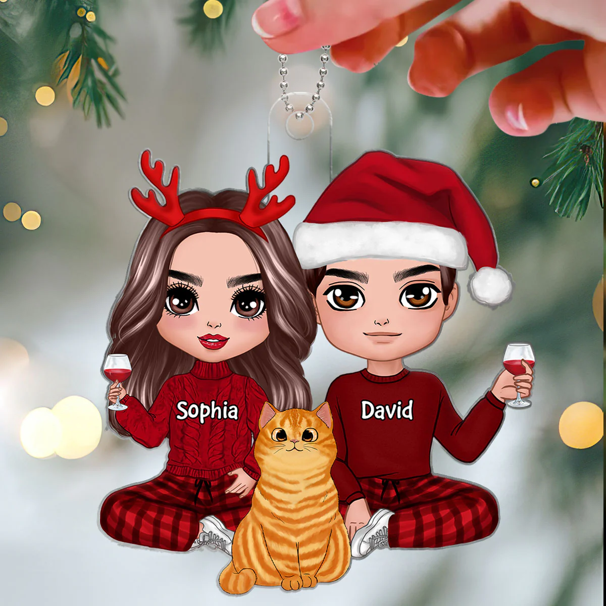 Doll Couple Sitting With Fluffy Cats Christmas Personalized Acrylic Ornament - Image 3
