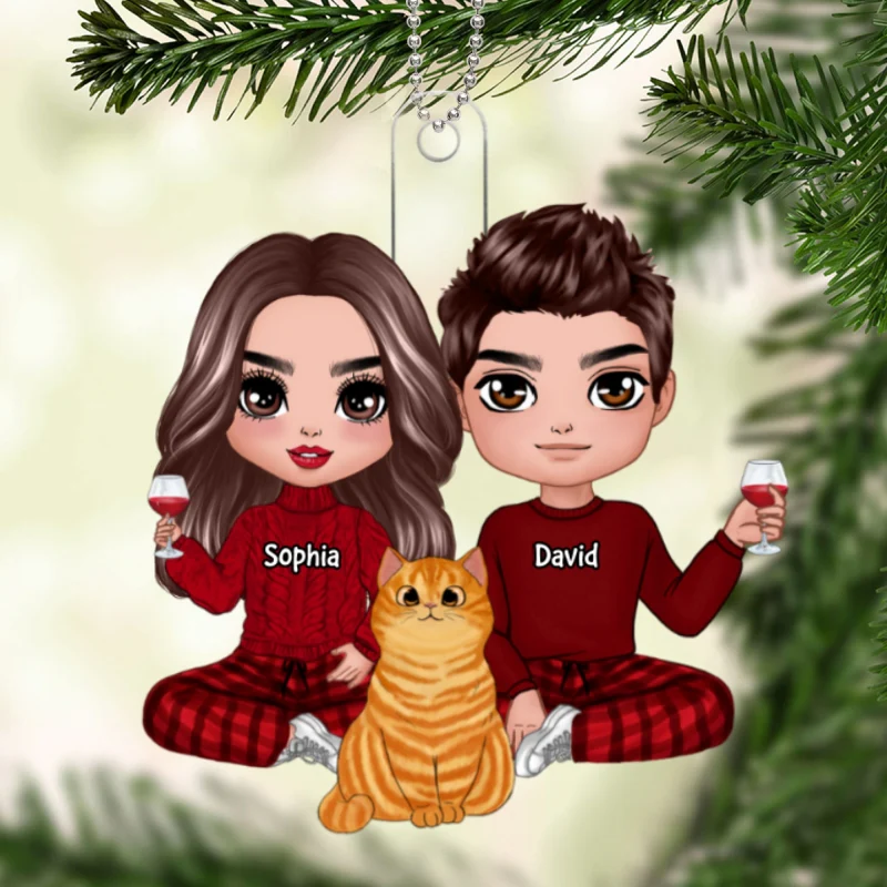 Doll Couple Sitting With Fluffy Cats Christmas Personalized Acrylic Ornament - Image 5