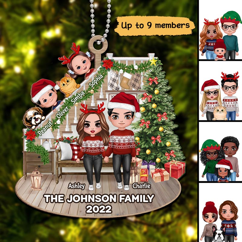 Doll Couple Standing And Kids Personalized Wooden Ornament - Image 3