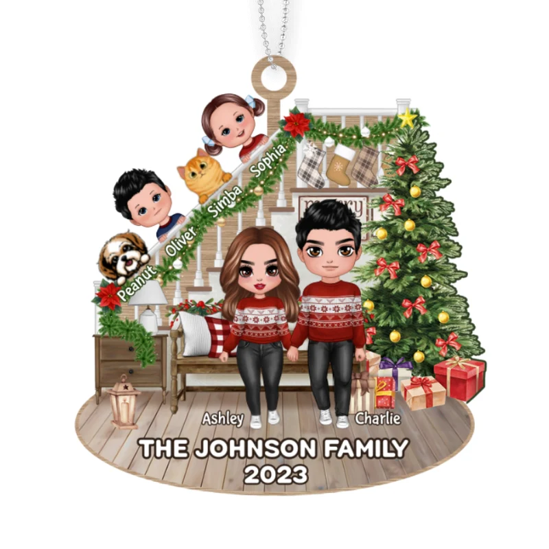 Doll Couple Standing And Kids Personalized Wooden Ornament - Image 4