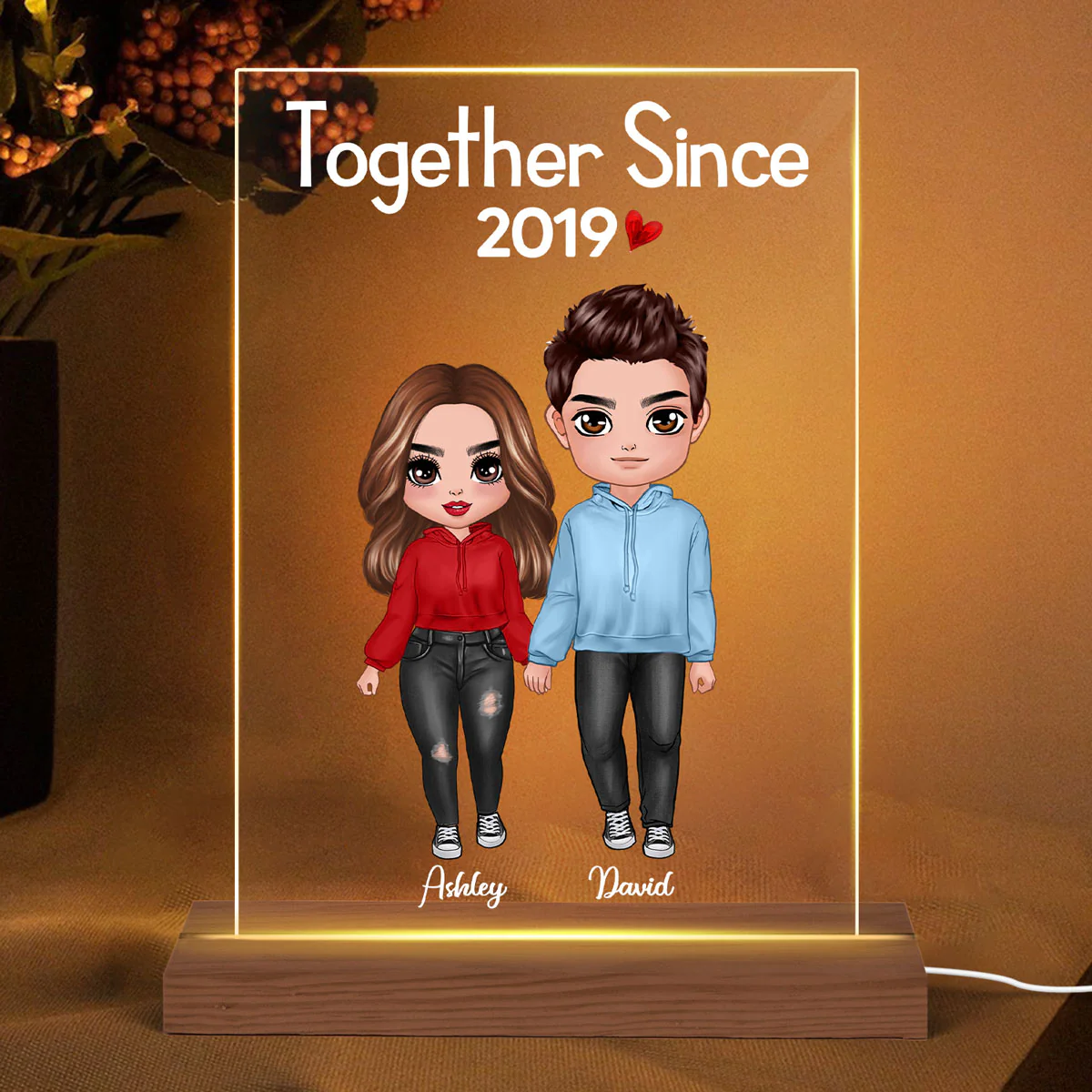 Doll Couple Standing Anniversary Gift For Him Gift For Her Personalized Rectangle Acrylic Plaque LED Lamp Night Light