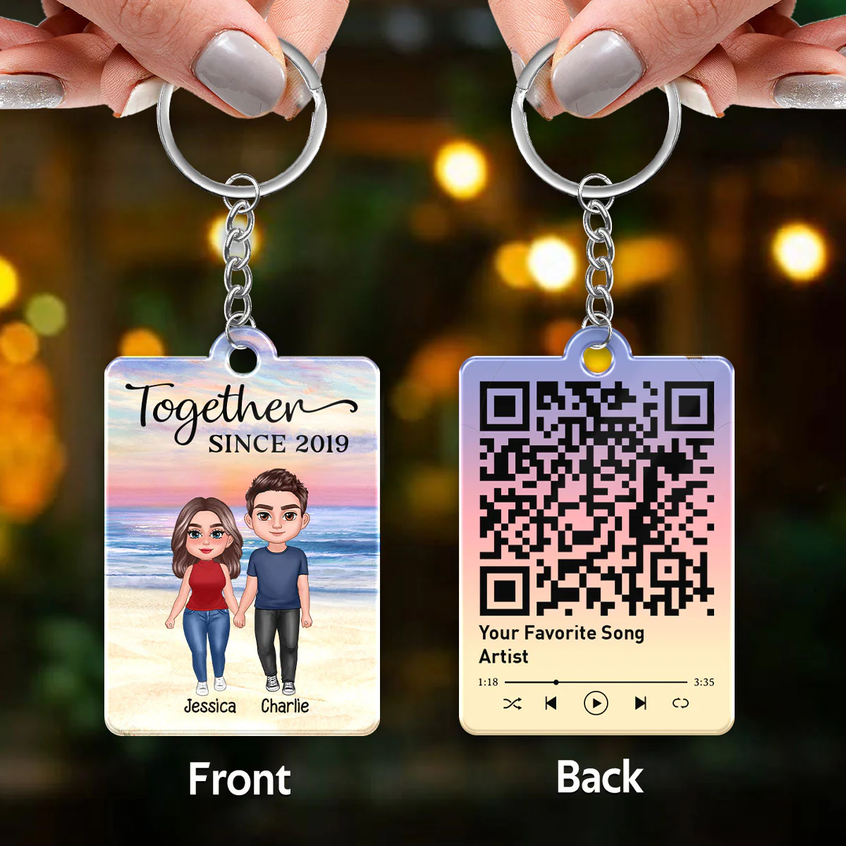 Doll Couple Standing At Beach Favorite Song Scannable QR Code Personalized Acrylic Keychain - Image 3