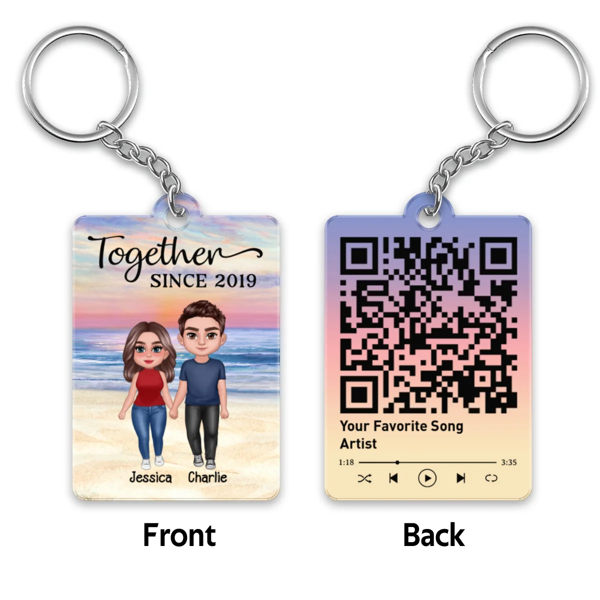 Doll Couple Standing At Beach Favorite Song Scannable QR Code Personalized Acrylic Keychain - Image 4