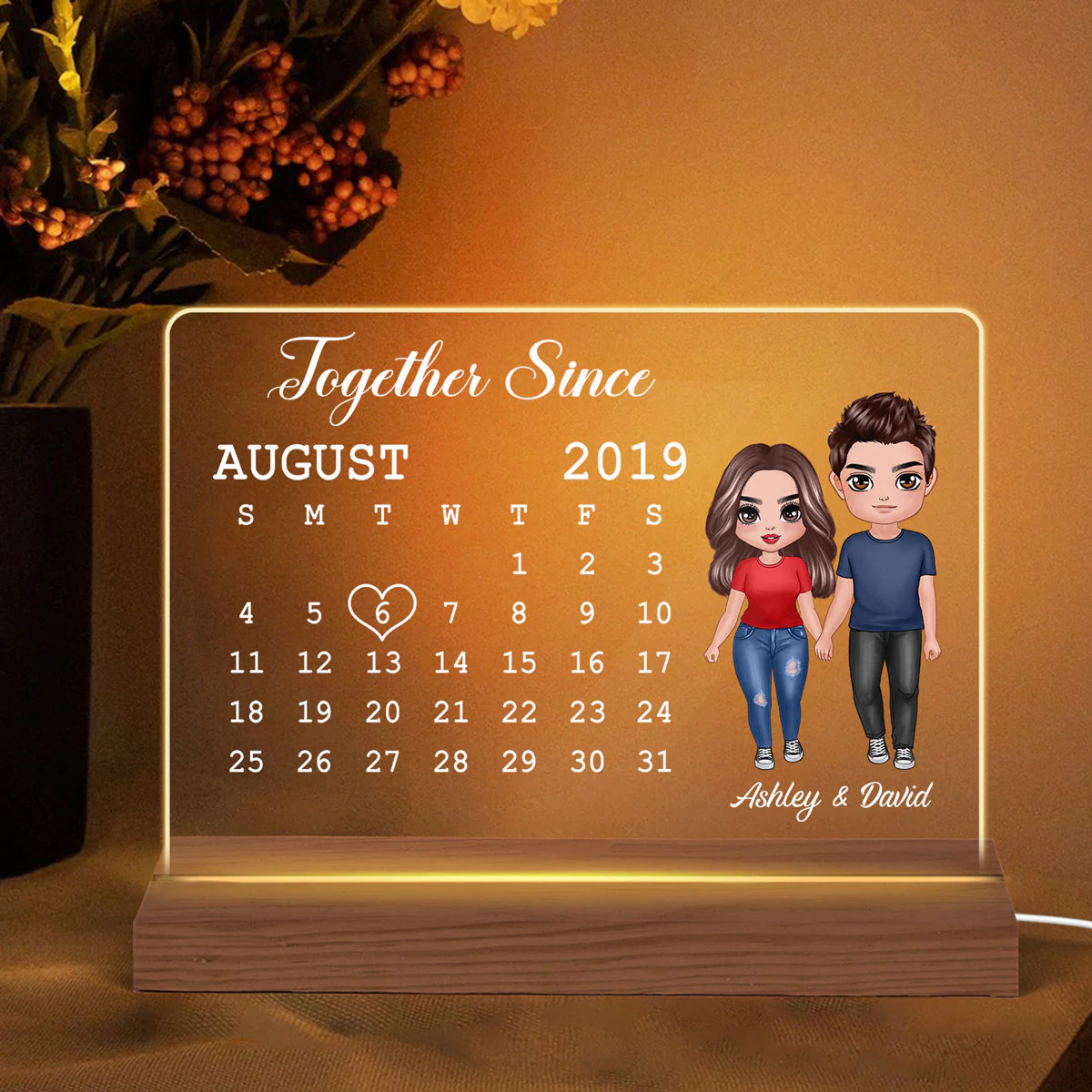 Doll Couple Standing Calendar Anniversary Date Gift For Him For Her Personalized Custom Shape Acrylic Plaque LED Night Light - Image 2
