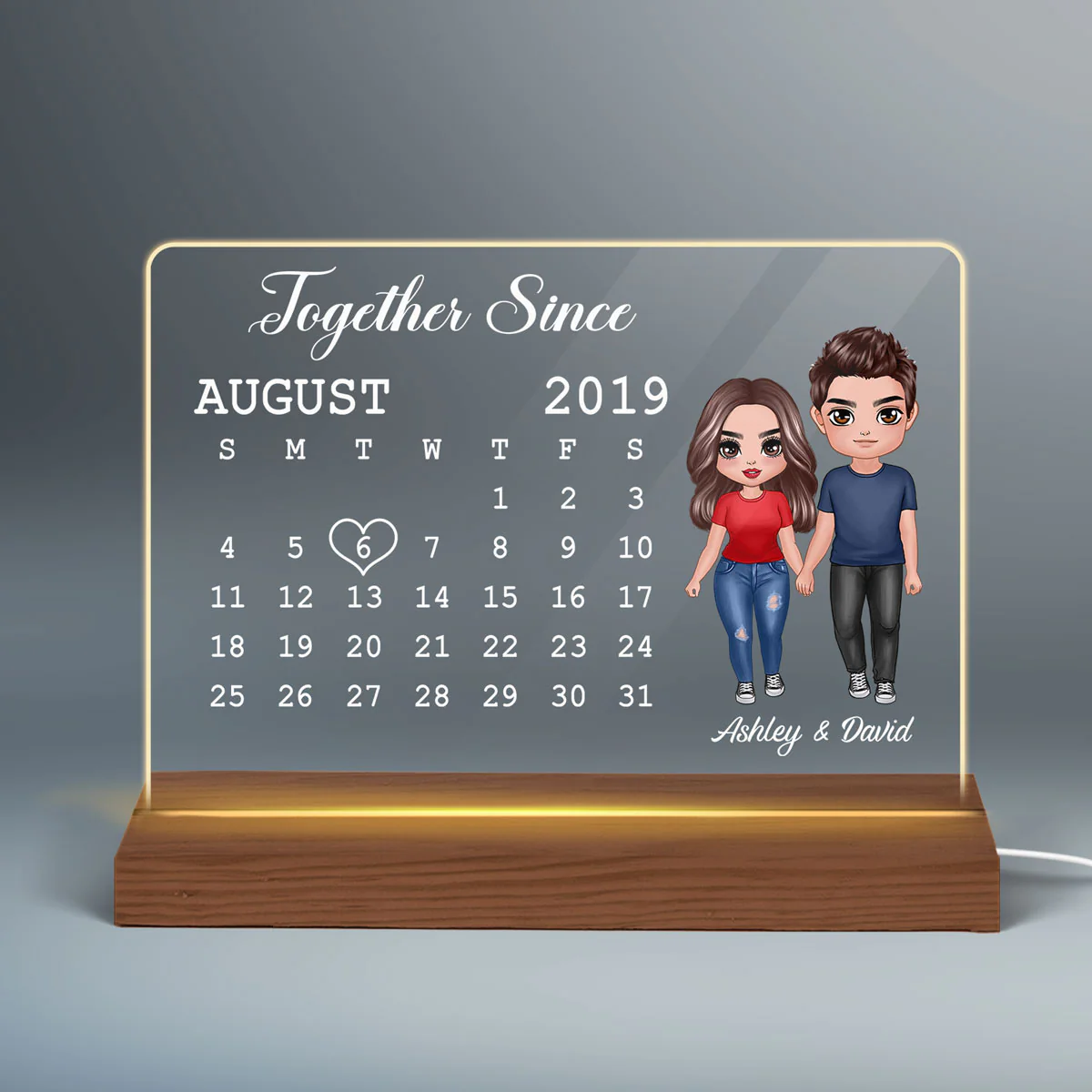 Doll Couple Standing Calendar Anniversary Date Gift For Him For Her Personalized Custom Shape Acrylic Plaque LED Night Light - Image 3