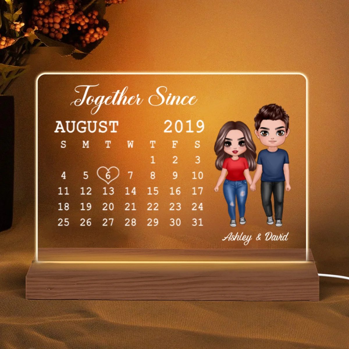 Doll Couple Standing Calendar Anniversary Date Gift For Him For Her Personalized Custom Shape Acrylic Plaque LED Night Light - Image 5