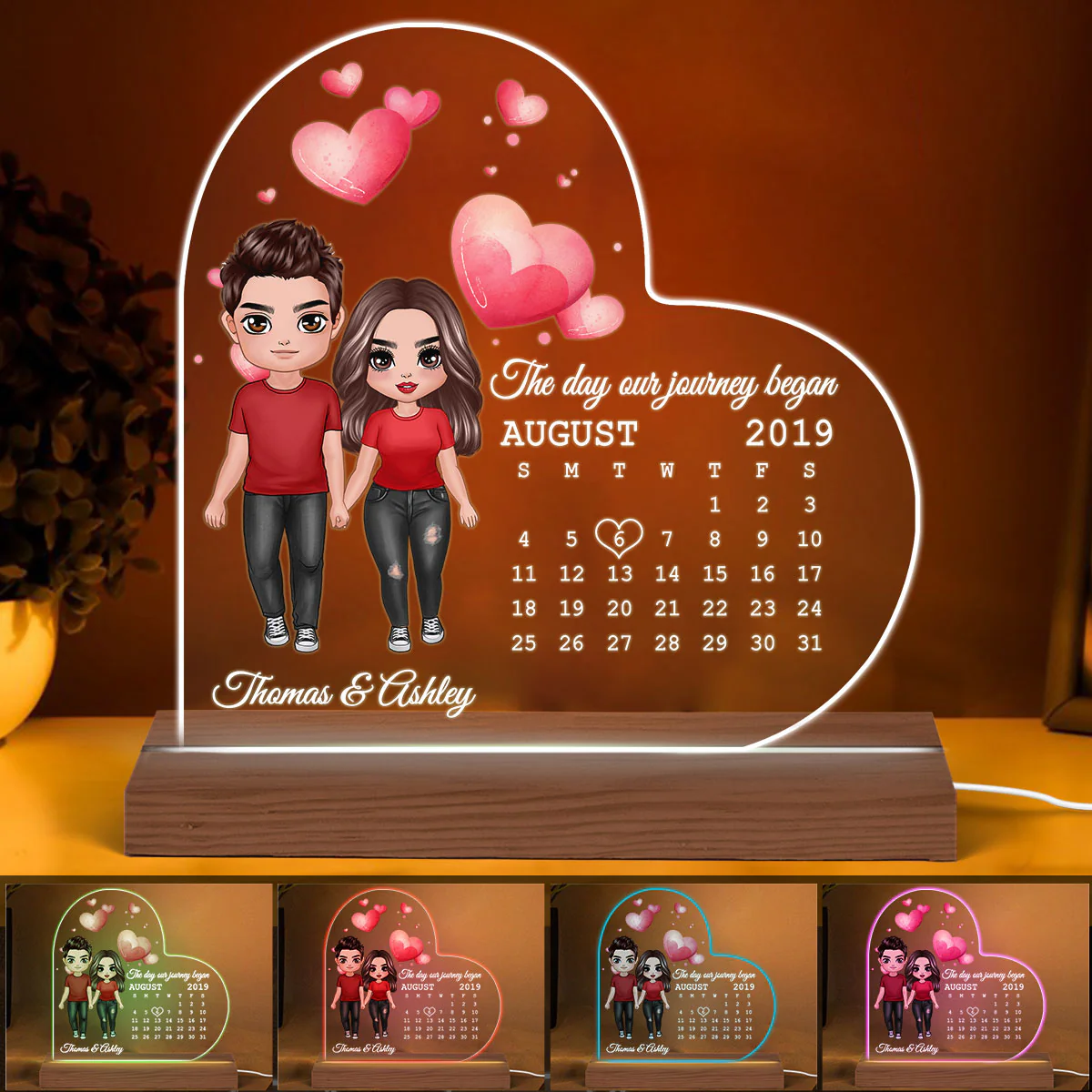 Doll Couple Standing Calendar Anniversary Date Personalized Heart Shaped Acrylic Plaque With LED Night Light - Anniversary Gift For Couple - Gift For Him, Gift For Her