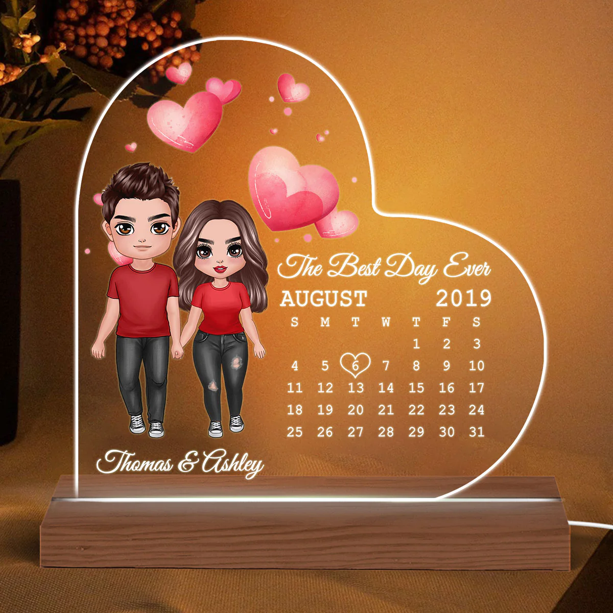 Doll Couple Standing Calendar Anniversary Date Personalized Heart Shaped Acrylic Plaque With LED Night Light - Anniversary Gift For Couple - Gift For Him, Gift For Her - Image 2