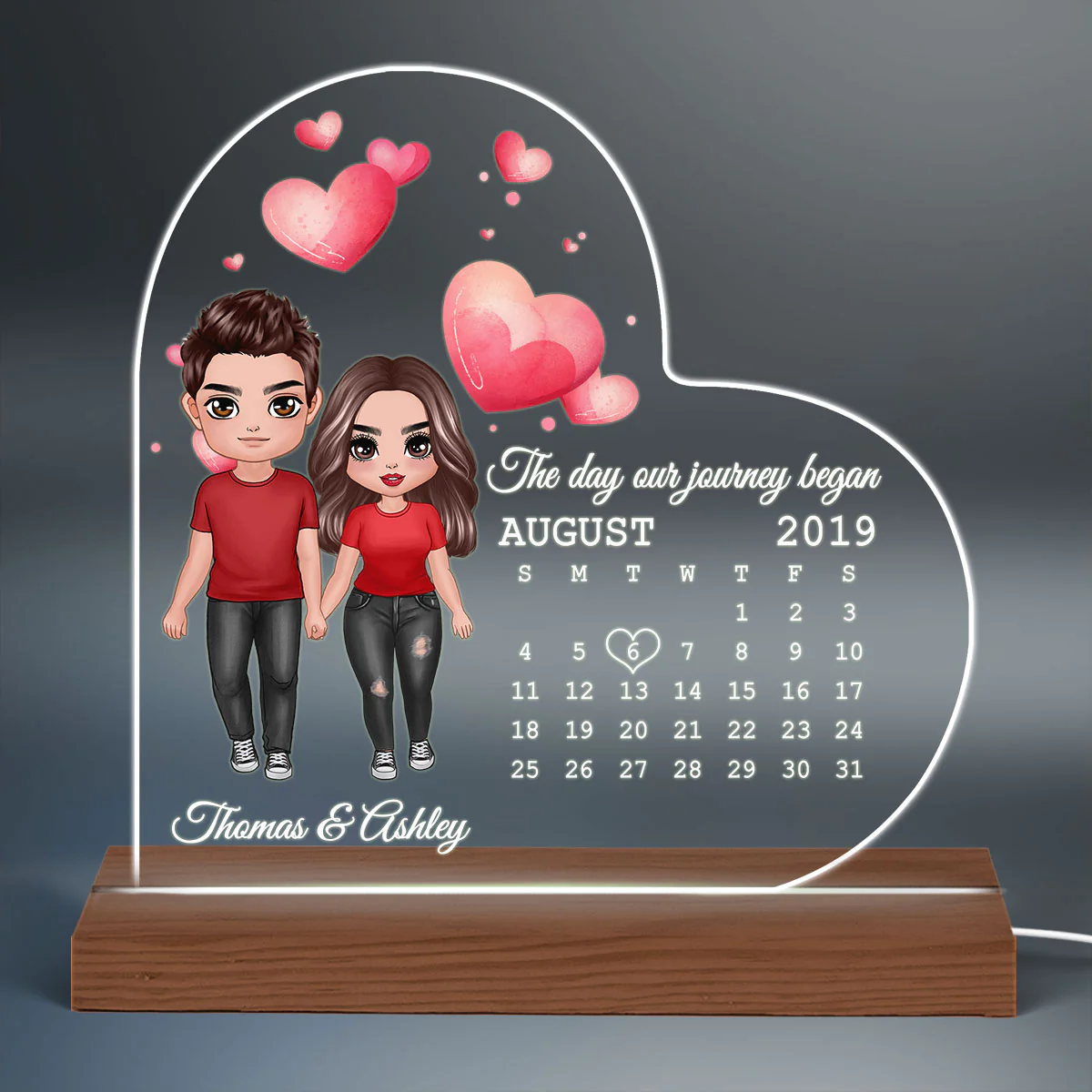 Doll Couple Standing Calendar Anniversary Date Personalized Heart Shaped Acrylic Plaque With LED Night Light - Anniversary Gift For Couple - Gift For Him, Gift For Her - Image 3