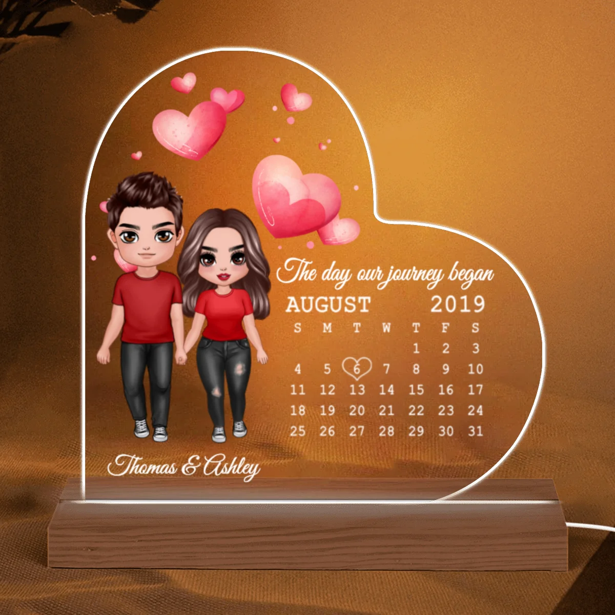 Doll Couple Standing Calendar Anniversary Date Personalized Heart Shaped Acrylic Plaque With LED Night Light - Anniversary Gift For Couple - Gift For Him, Gift For Her - Image 5