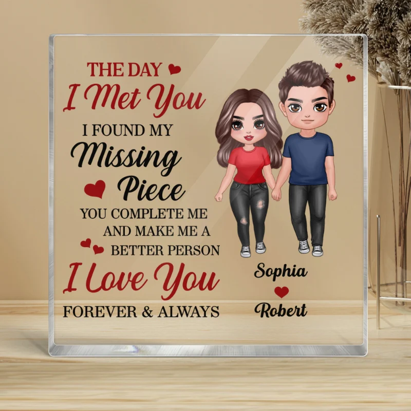 Doll Couple Standing Found My Missing Piece Gift For Him For Her Personalized Square Acrylic Block Plaque - Image 4