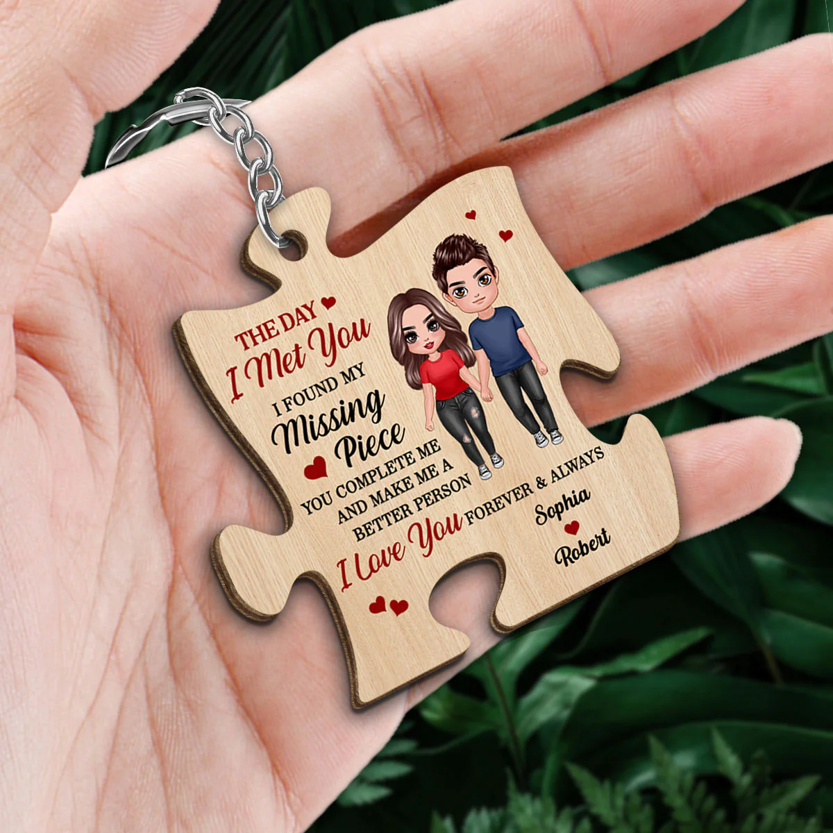 Doll Couple Standing Found My Missing Piece Gift For Him For Her Personalized Wooden Keychain - Image 2