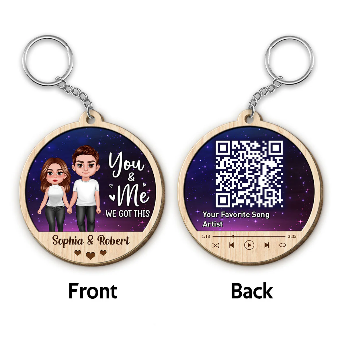 Doll Couple Standing Galaxy Favorite Song QR Code Personalized Circle Wooden Keychain
