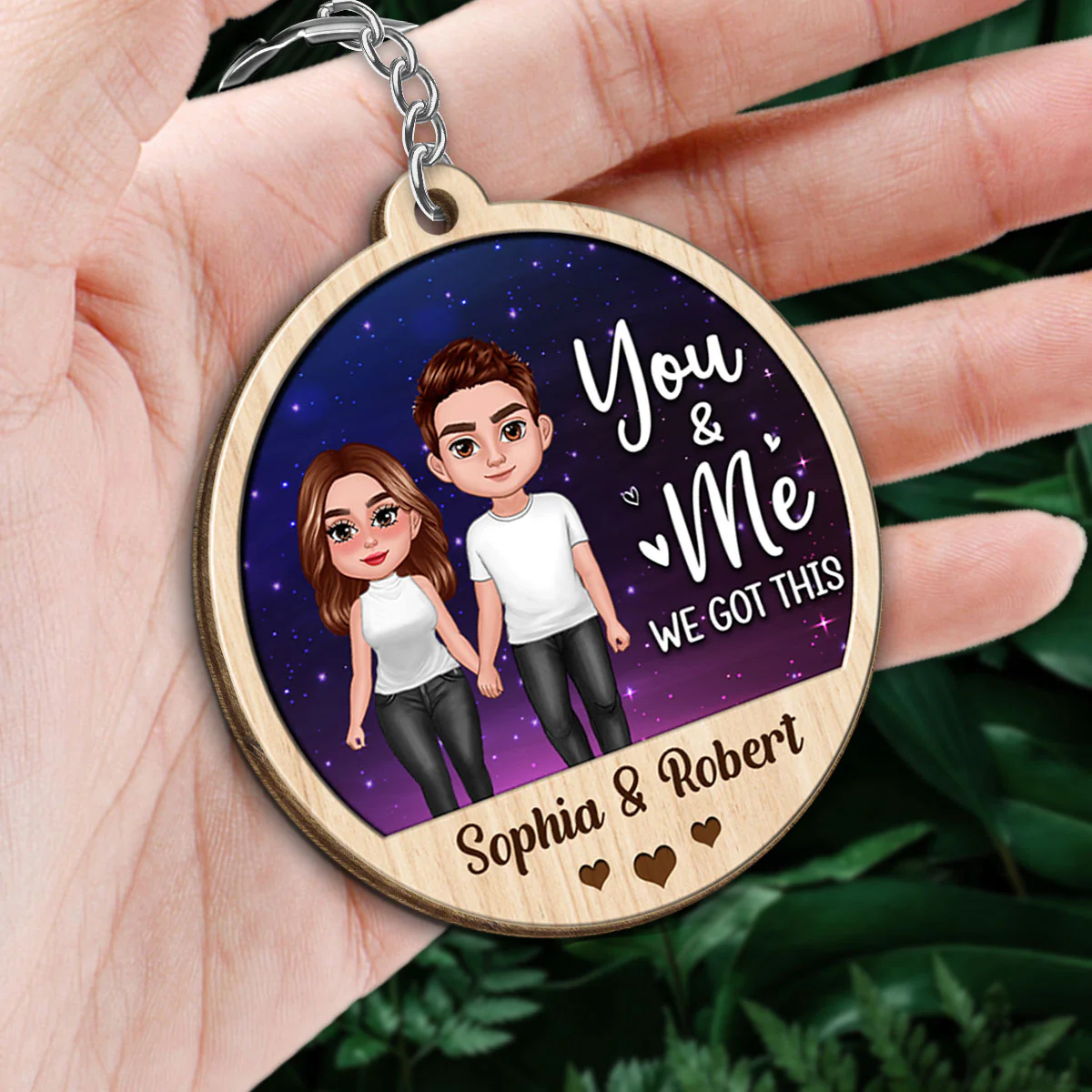 Doll Couple Standing Galaxy Favorite Song QR Code Personalized Circle Wooden Keychain - Image 2