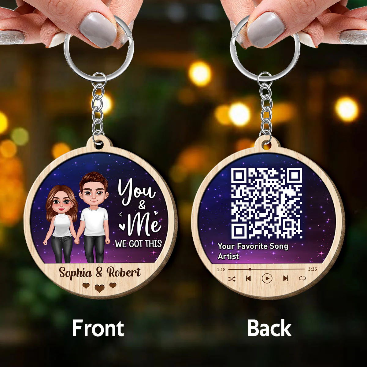 Doll Couple Standing Galaxy Favorite Song QR Code Personalized Circle Wooden Keychain - Image 3