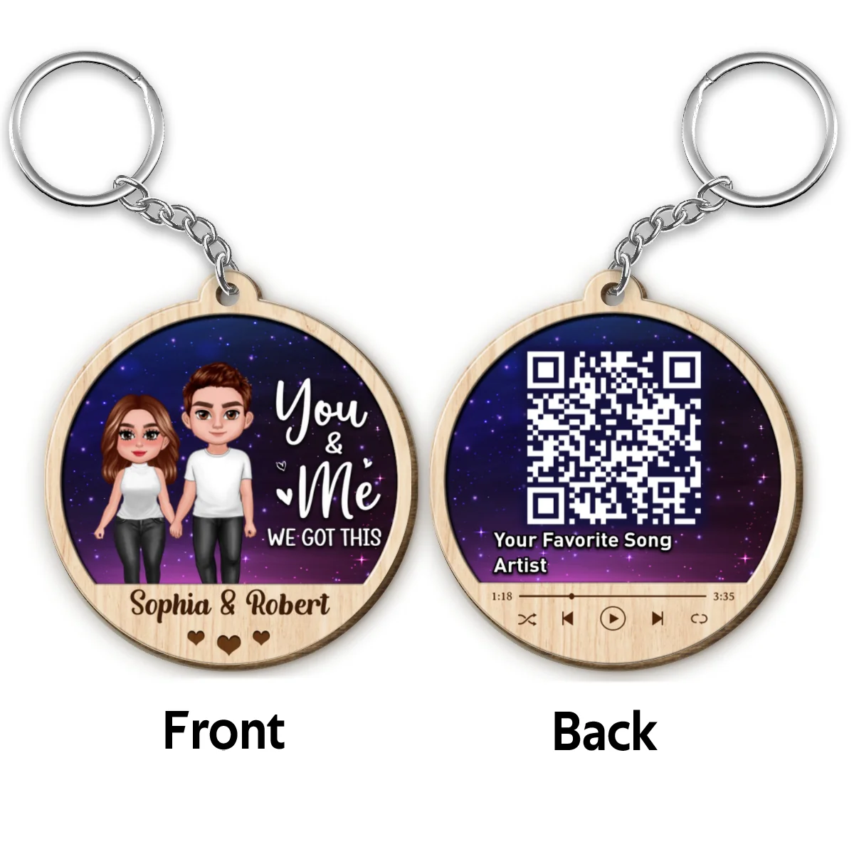 Doll Couple Standing Galaxy Favorite Song QR Code Personalized Circle Wooden Keychain - Image 4