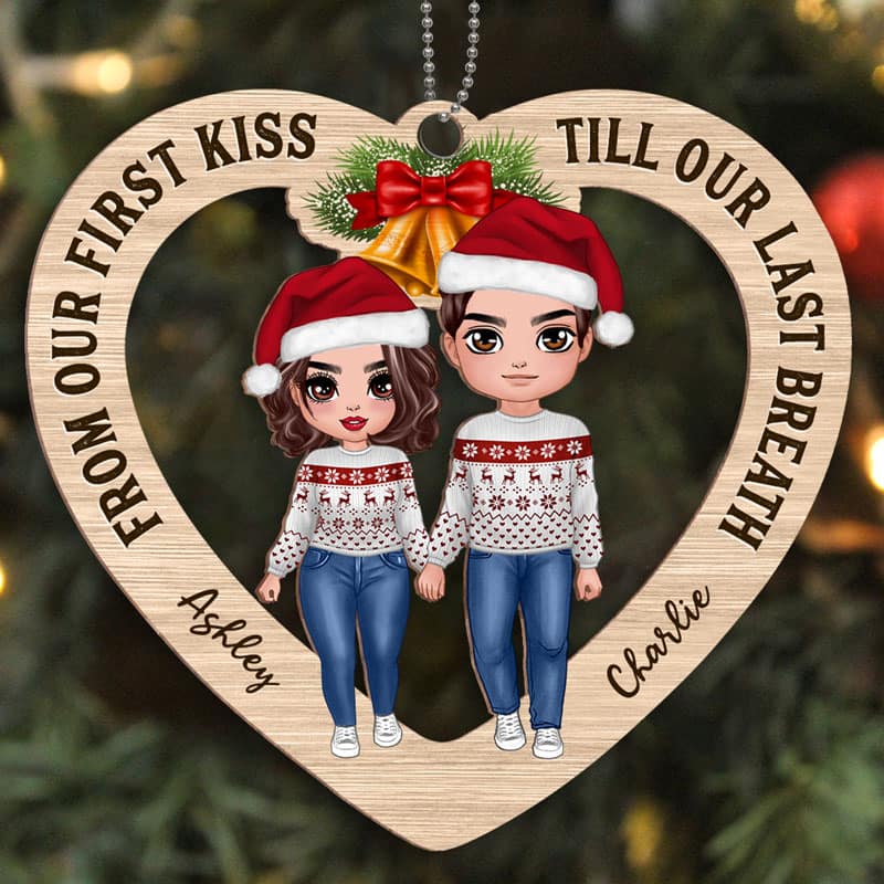 Doll Couple Standing Heart Personalized Wooden Ornament - Image 2