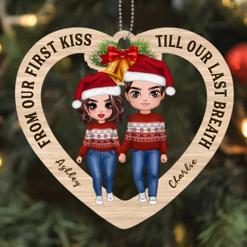 Doll Couple Standing Heart Personalized Wooden Ornament - Image 3