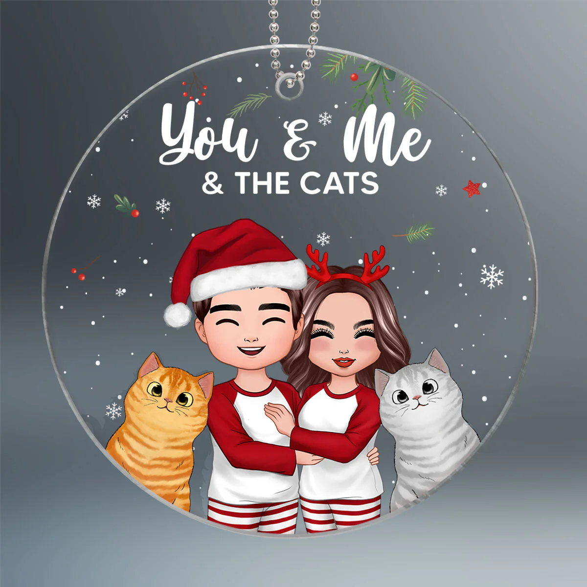 Doll Couple Standing Hugging You Me And The Cats Christmas Personalized Circle Ornament - Image 2