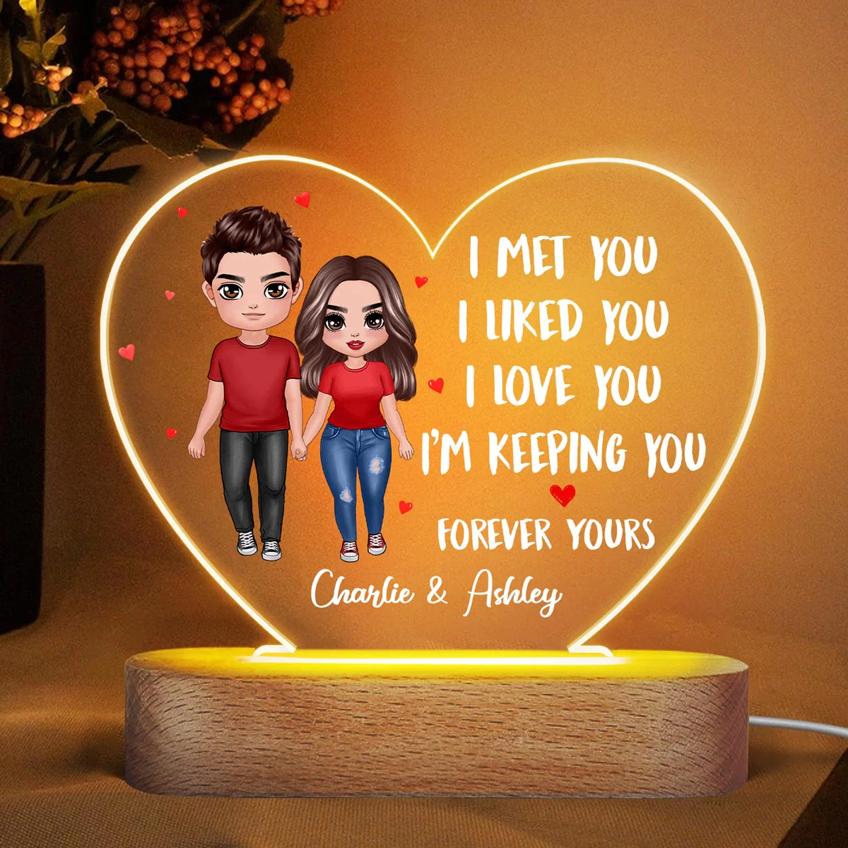 Doll Couple Standing I Met You Like You Love You Gift For Him For Her Personalized Acrylic Heart Plaque LED Lamp Night Light