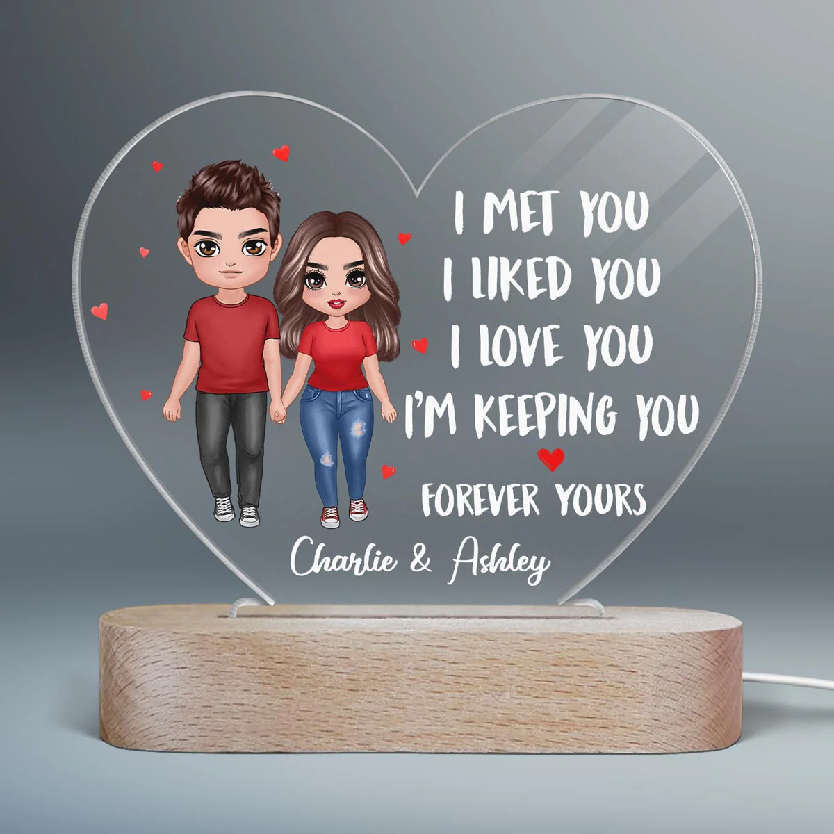 Doll Couple Standing I Met You Like You Love You Gift For Him For Her Personalized Acrylic Heart Plaque LED Lamp Night Light - Image 2