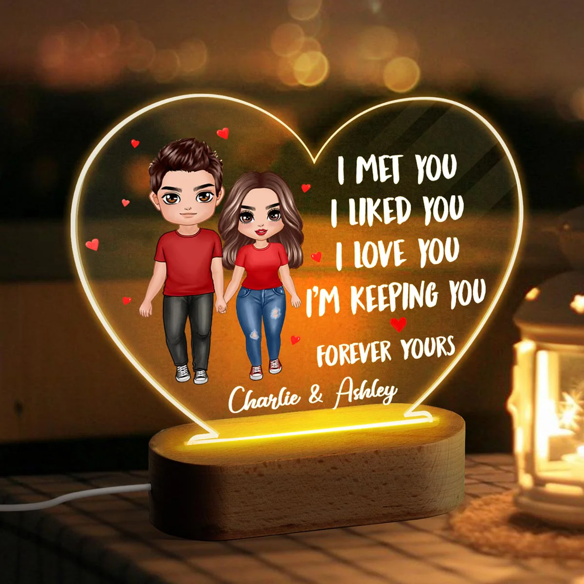 Doll Couple Standing I Met You Like You Love You Gift For Him For Her Personalized Acrylic Heart Plaque LED Lamp Night Light - Image 3