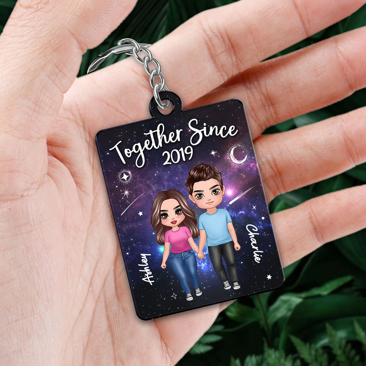 Doll Couple Standing In Galaxy Night Favorite Song Scannable QR Code Personalized Acrylic Keychain - Image 2