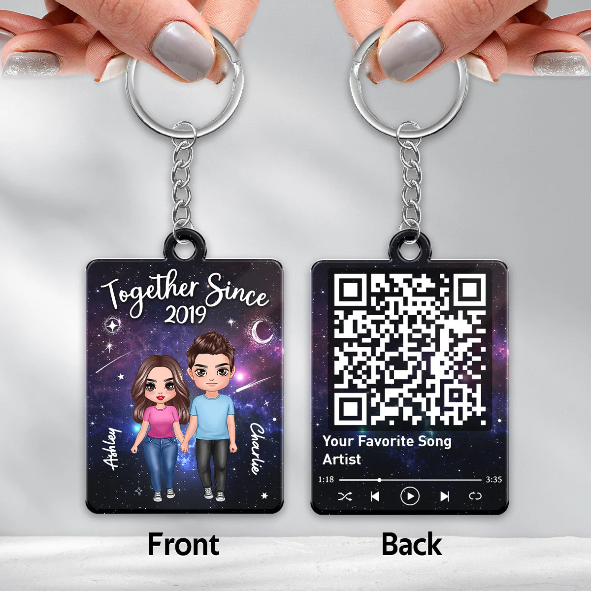 Doll Couple Standing In Galaxy Night Favorite Song Scannable QR Code Personalized Acrylic Keychain - Image 3