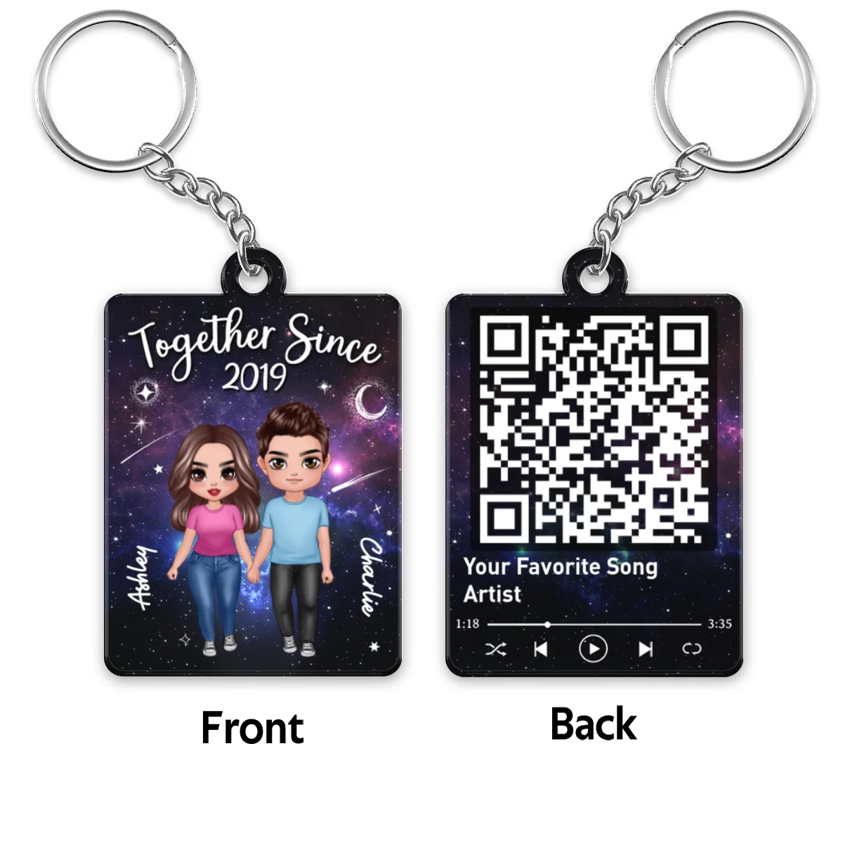 Doll Couple Standing In Galaxy Night Favorite Song Scannable QR Code Personalized Acrylic Keychain - Image 4