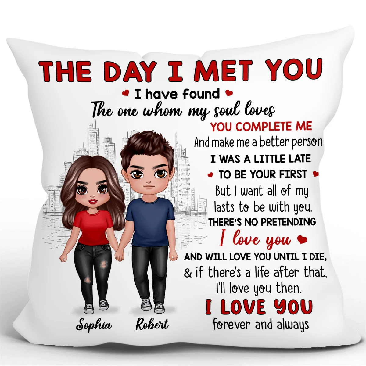 Doll Couple Standing Skyline The Day I Met You Gift For Him For Her Personalized Pillow