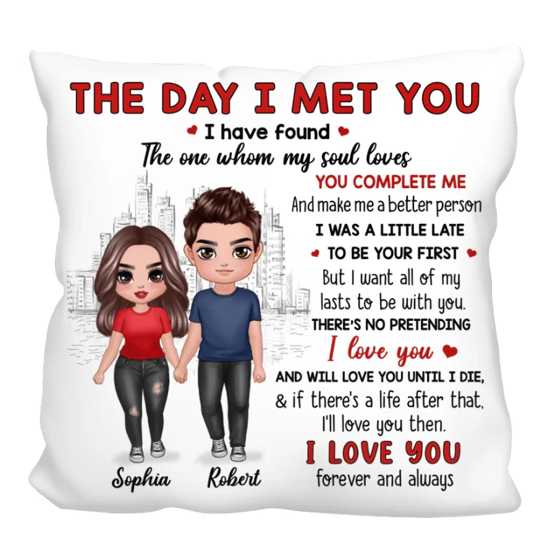 Doll Couple Standing Skyline The Day I Met You Gift For Him For Her Personalized Pillow - Image 3